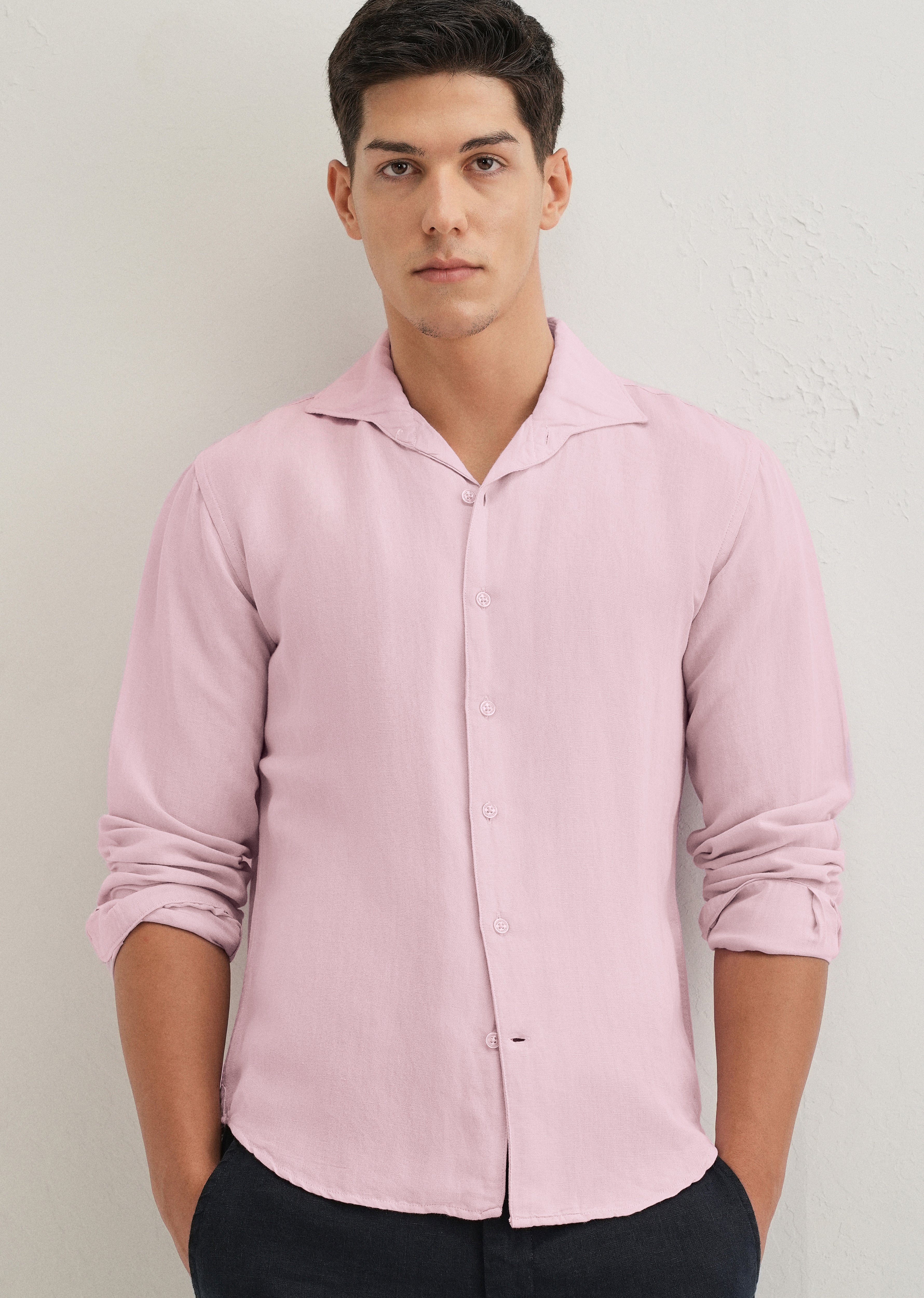 Pink Plain Linen Viscose Shirt