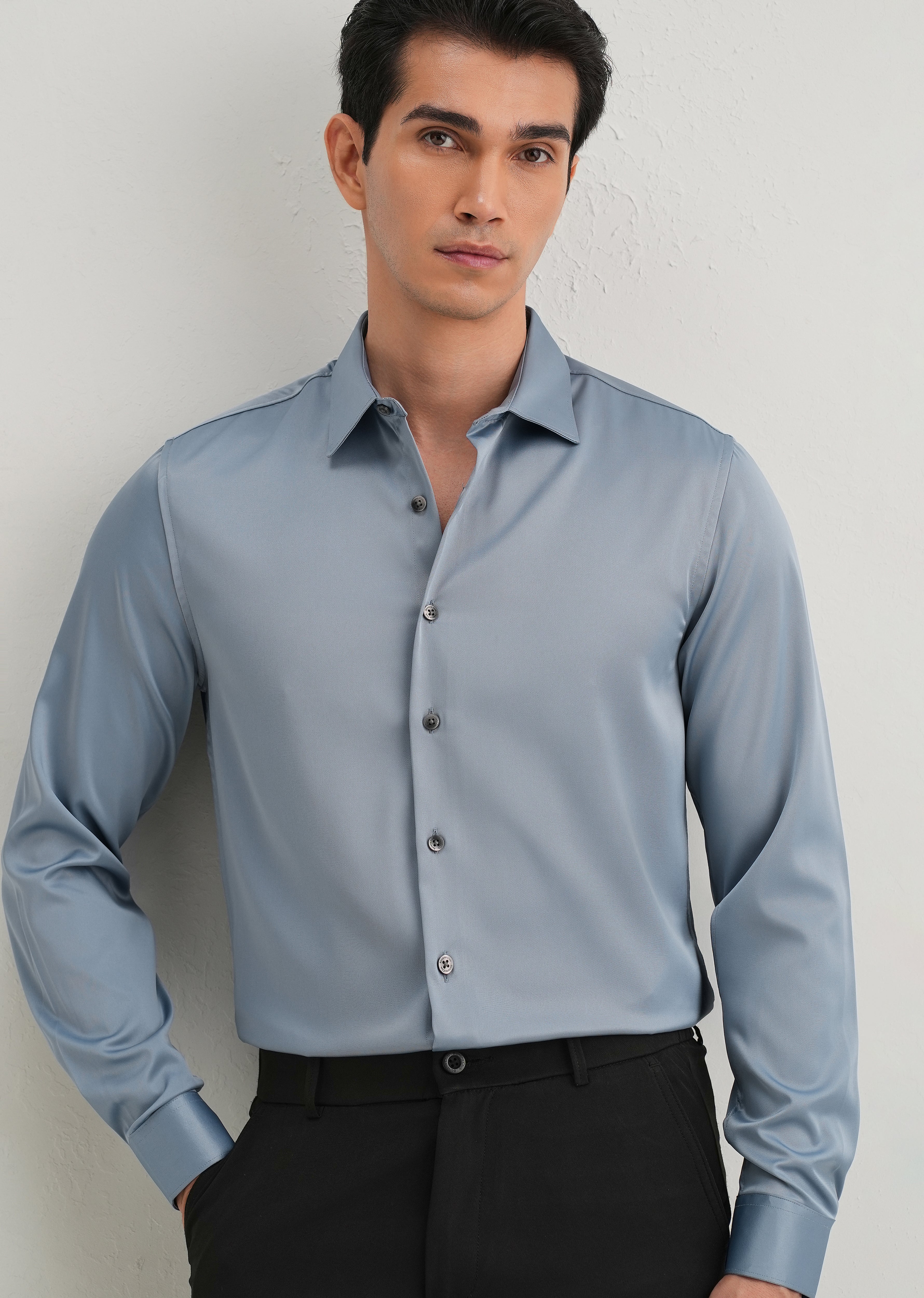 Blue Premium Satin-Finish Plain Shirt