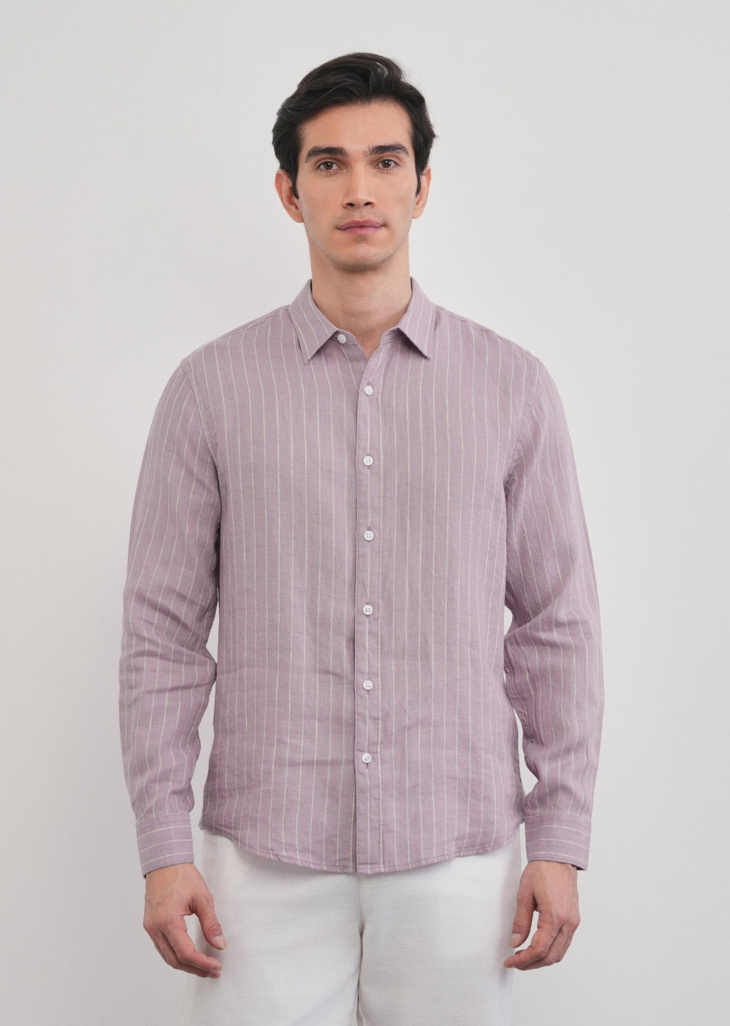 100% Linen Purple Vertical Stripe Shirt