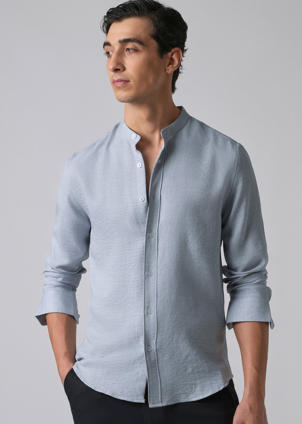 Sky Blue Plain Mandarin Collar Shirt