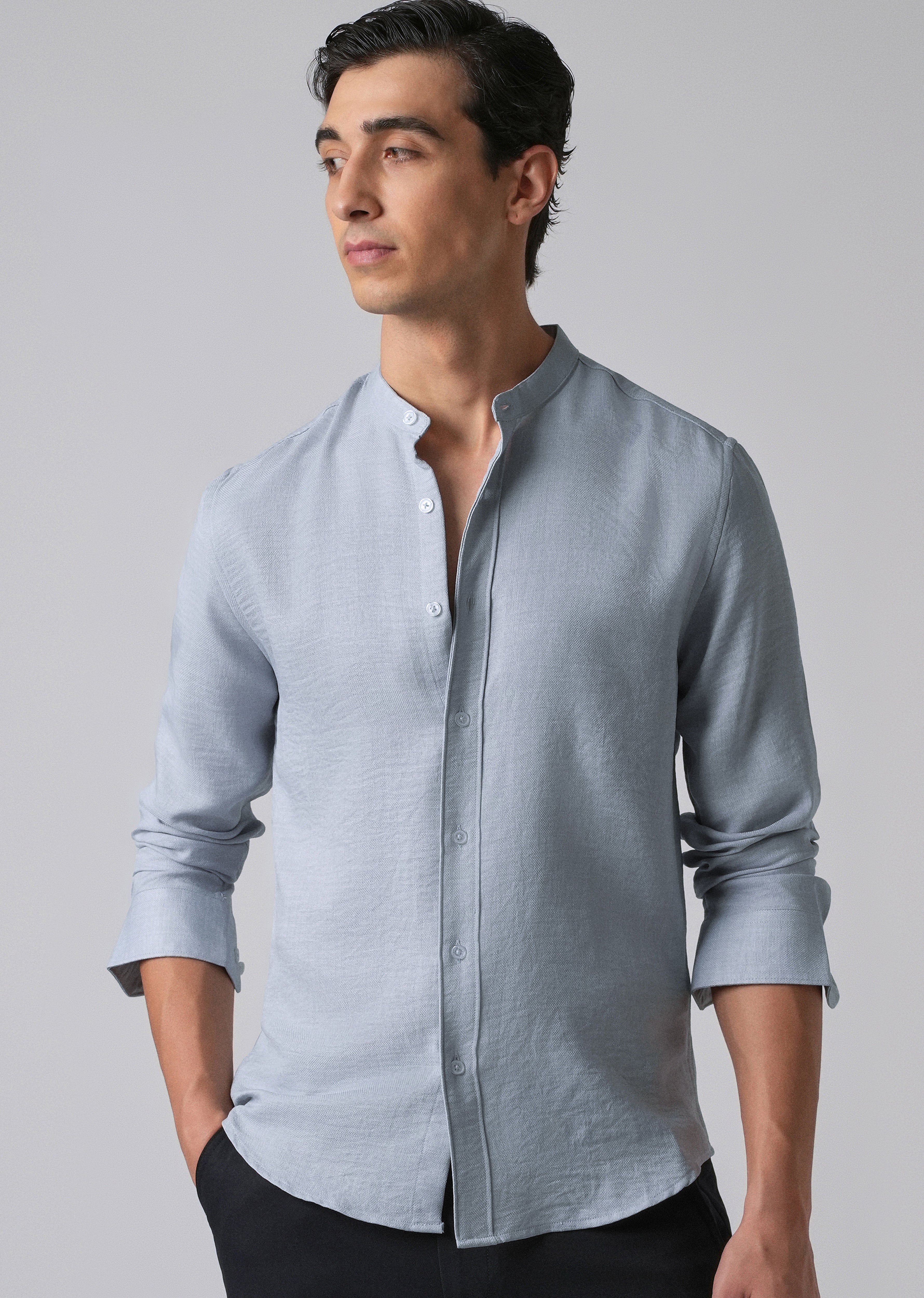Sky Blue Plain Mandarin Collar Shirt