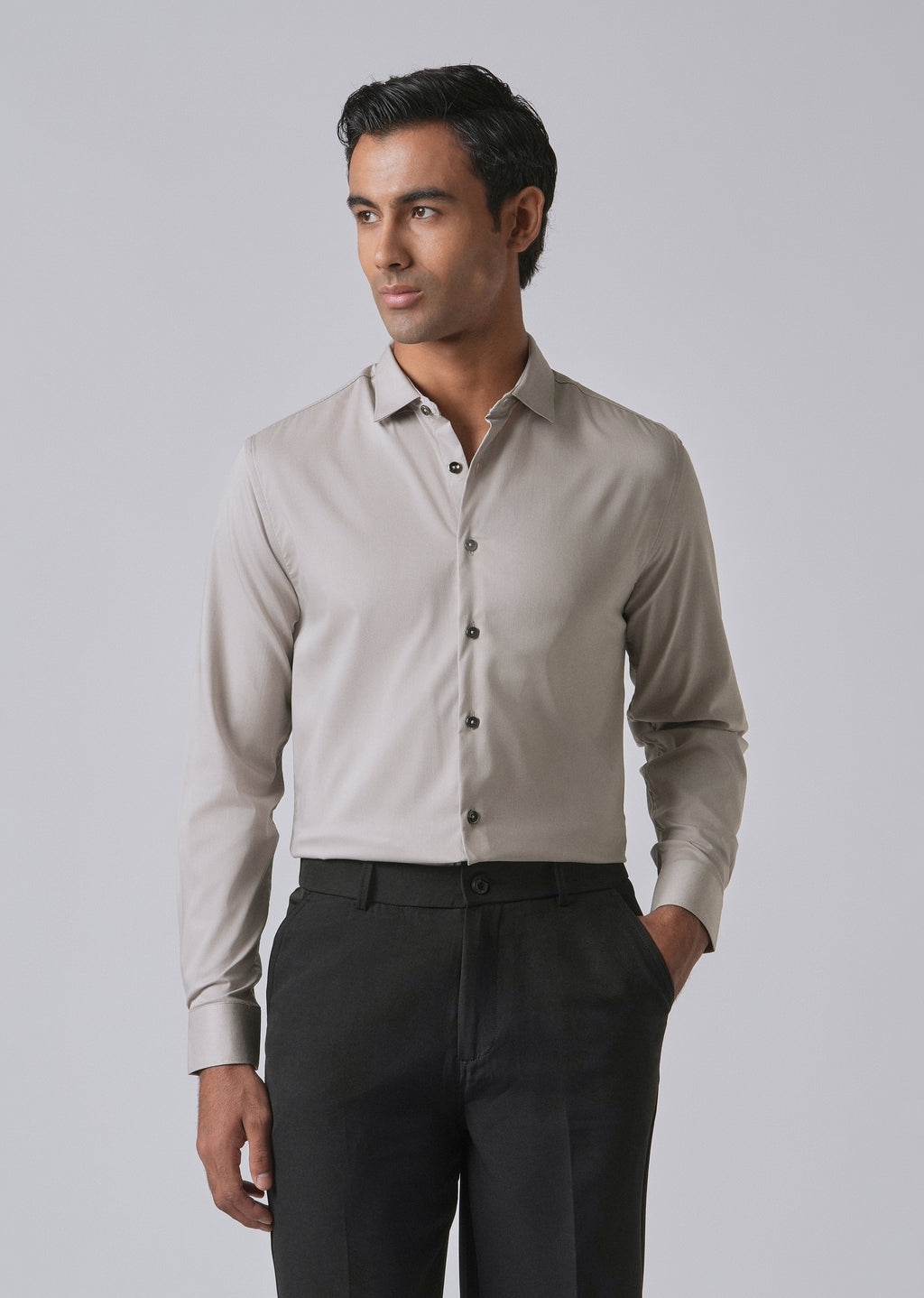 Stone Grey Cotton Stretch Plain Shirt