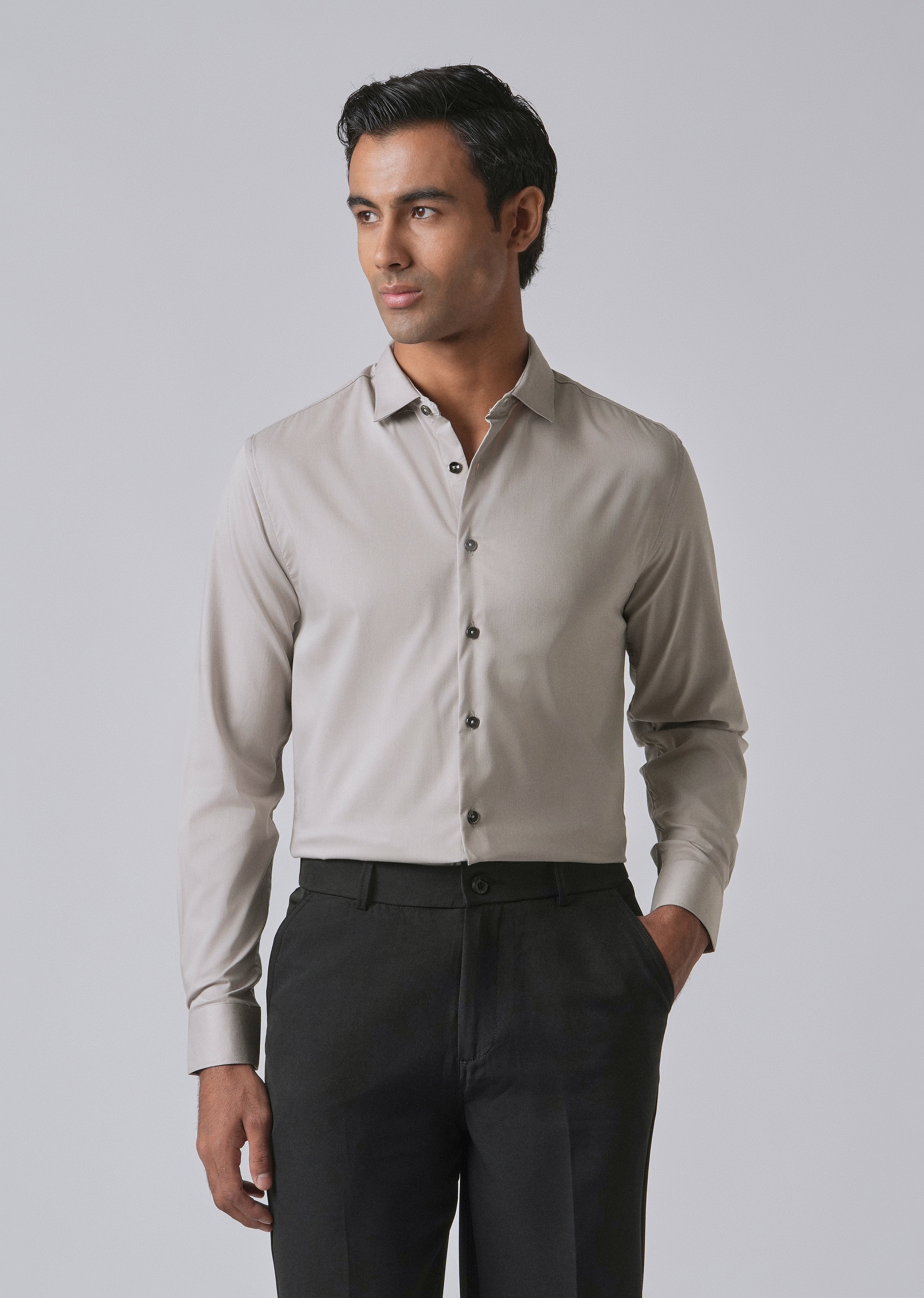 Stone Grey Cotton Stretch Plain Shirt