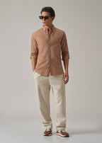 Tan Peach Plain Elbow Patch Oxford Shirt
