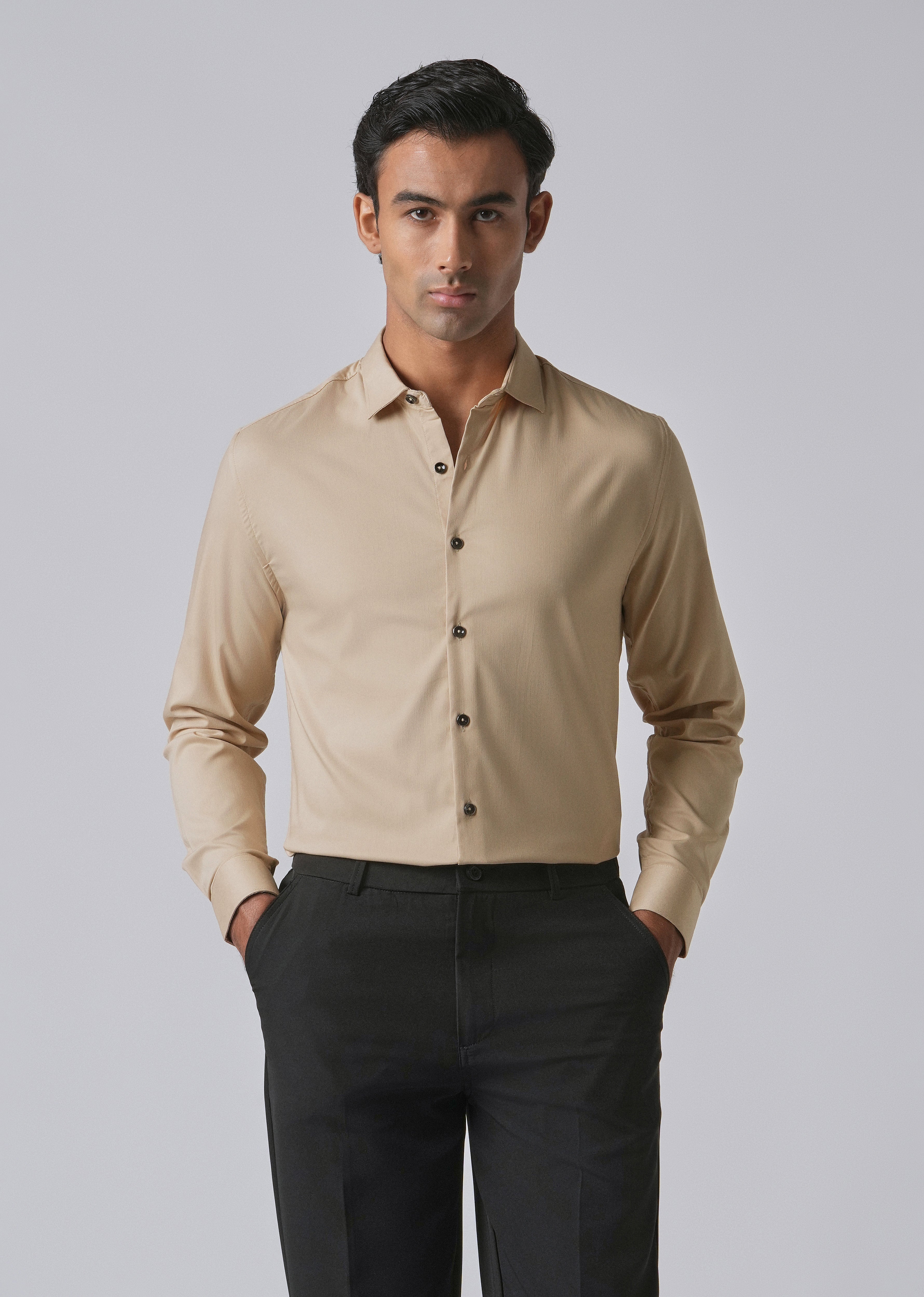 Tan Beige Cotton Stretch Plain Shirt