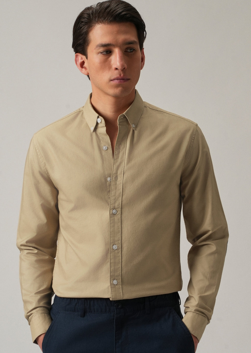 Tan Plain Elbow Patch Oxford Shirt