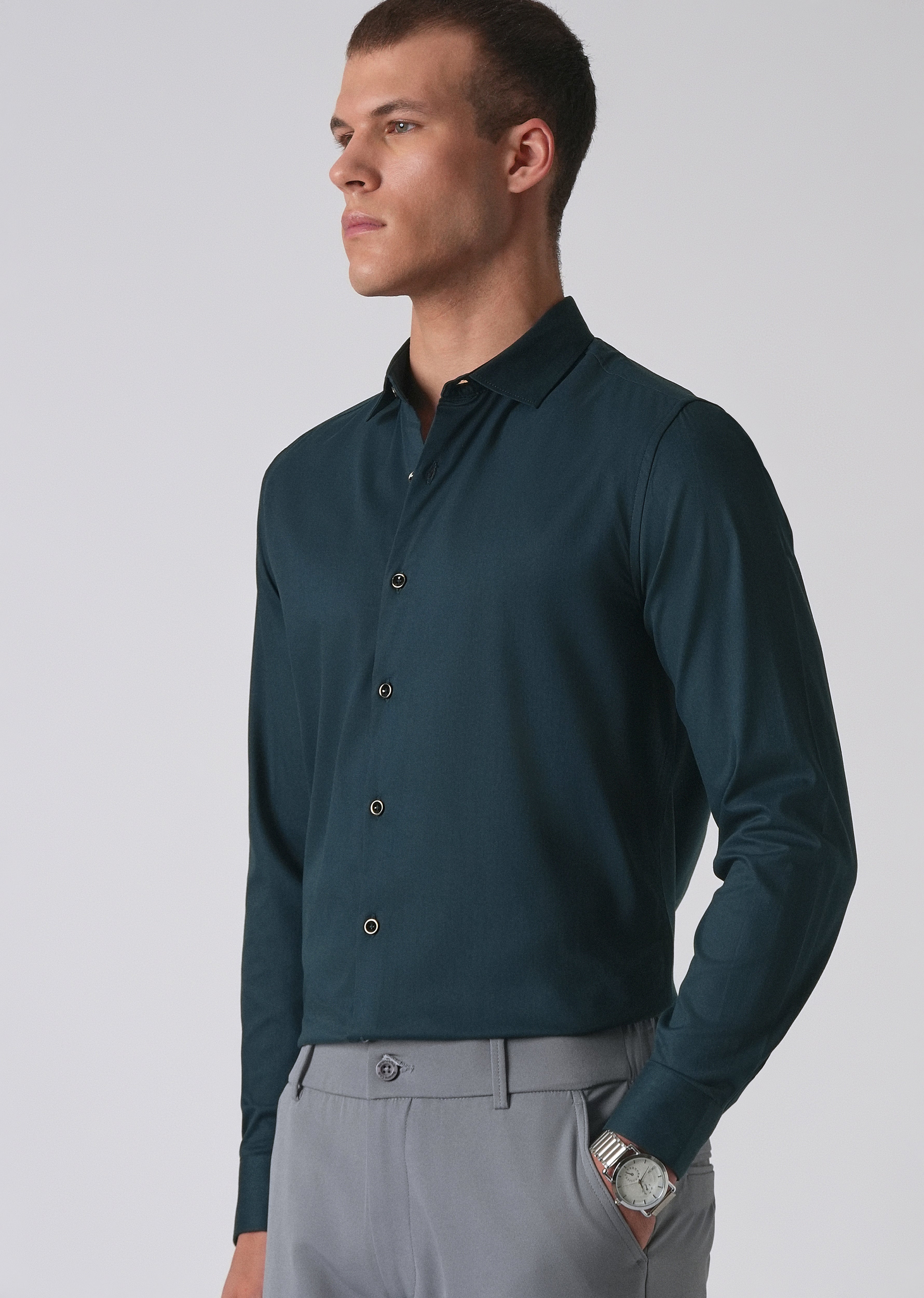 Teal Green Cotton Stretch Plain Shirt