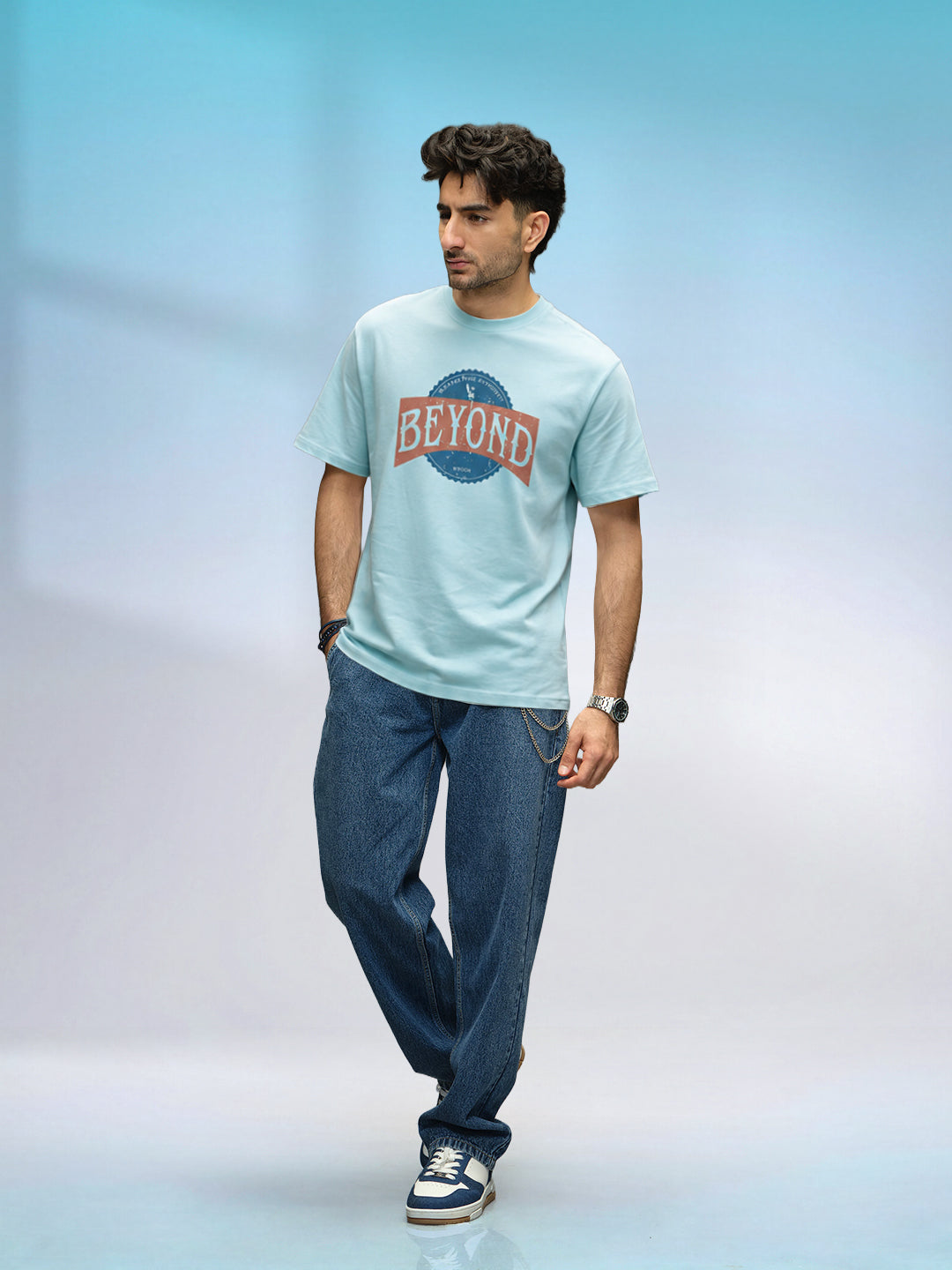 Retro Graphic Printed T-Shirt | Light Blue