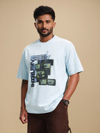 Retro Tv Graphic Printed Oversized Fit Tshirt | Light Blue