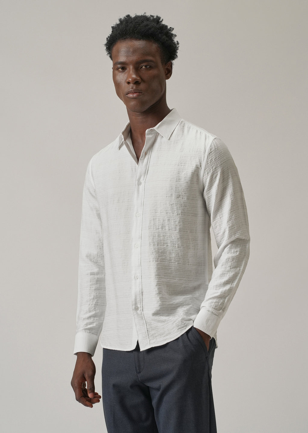 White Crushed Self Stripe Shirt