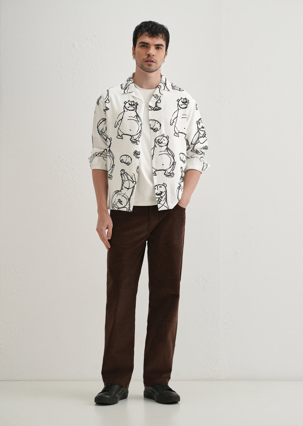 White Doodle Bear Printed Shirt