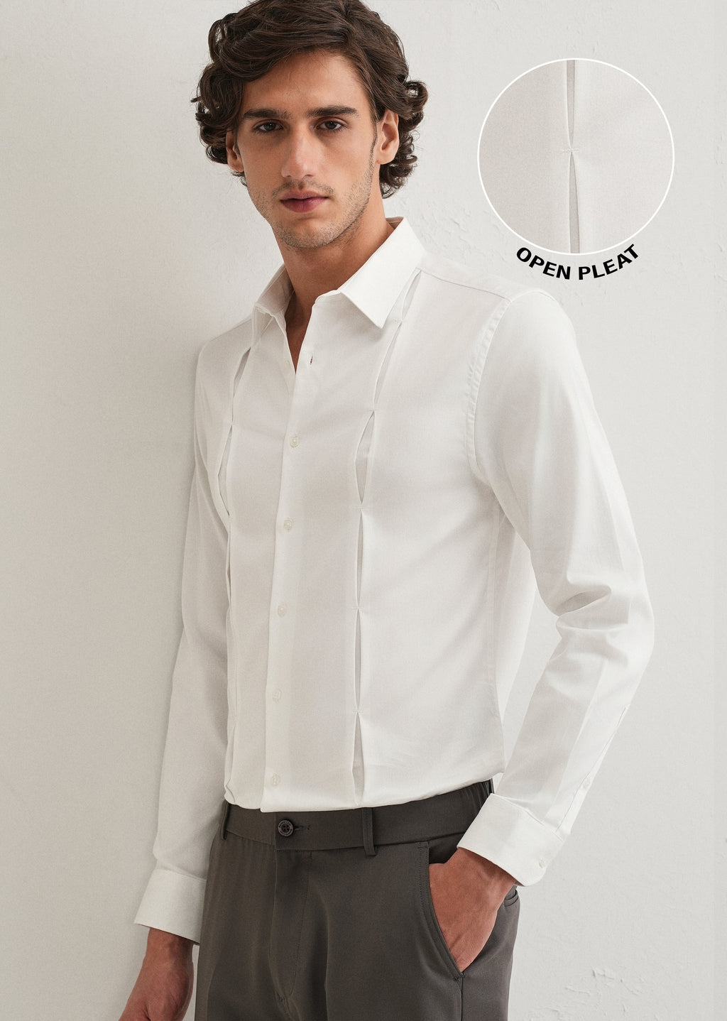 White Front Panel Open Pleat Shirt
