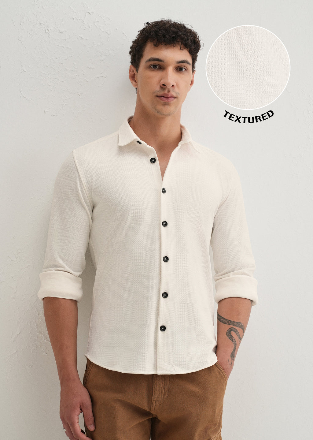 White Grid Textured Knit Shirt