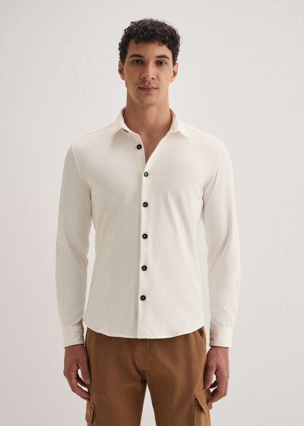 White Grid Textured Knit Shirt