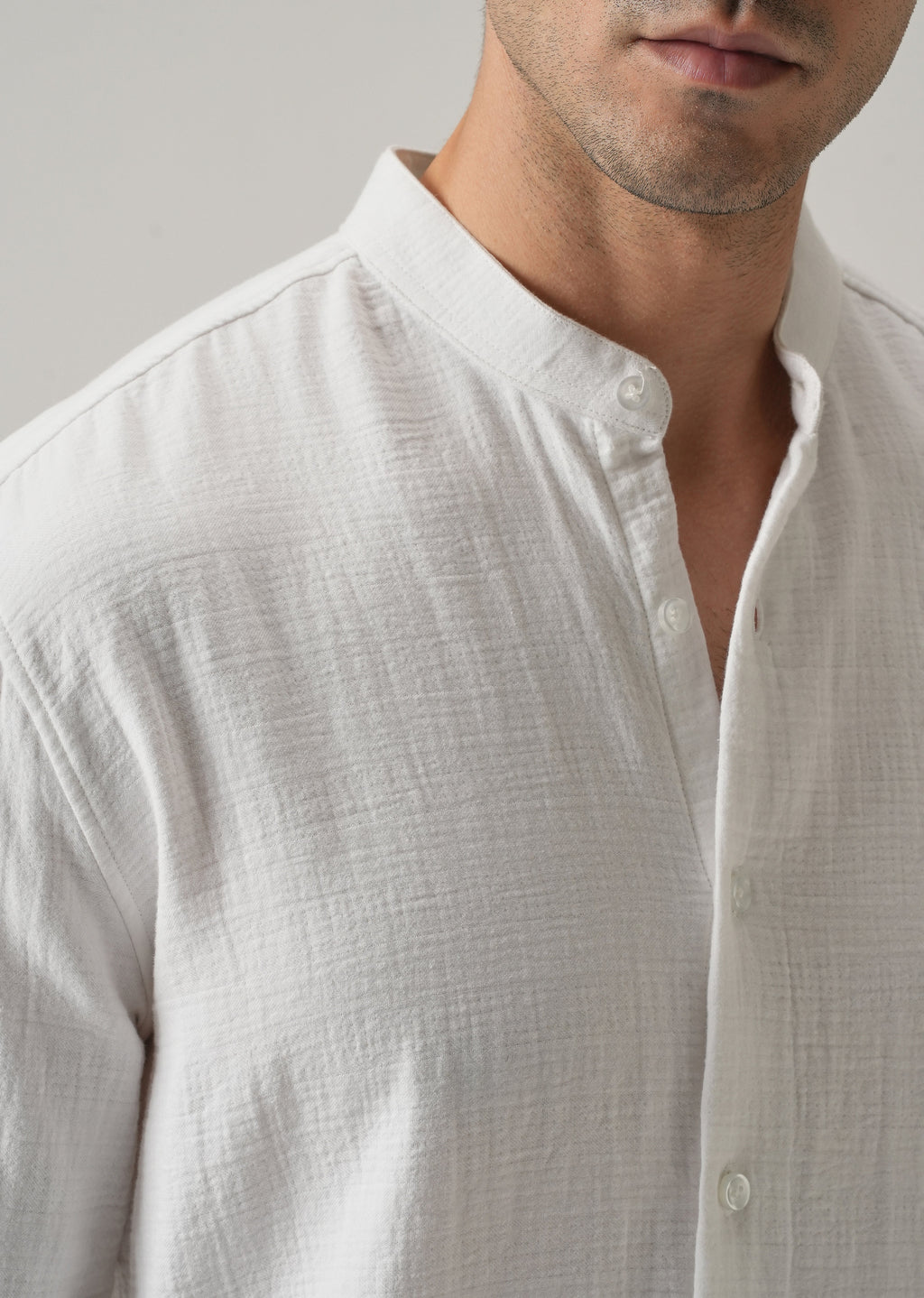 White Plain Mandarin Collar Cotton Shirt