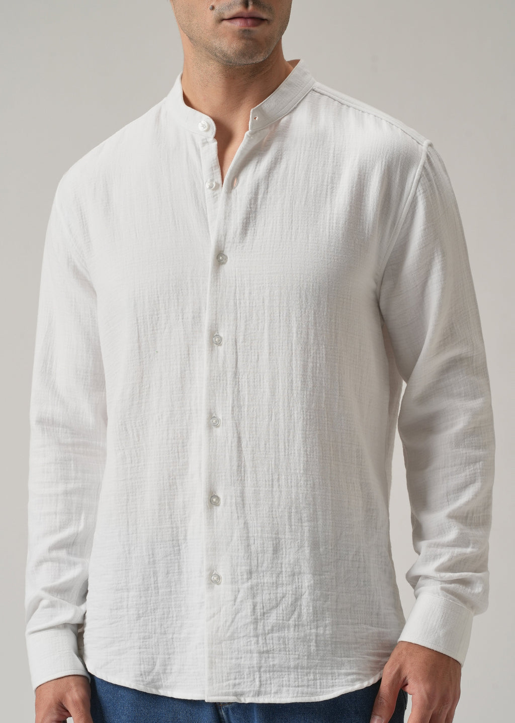 White Plain Mandarin Collar Cotton Shirt