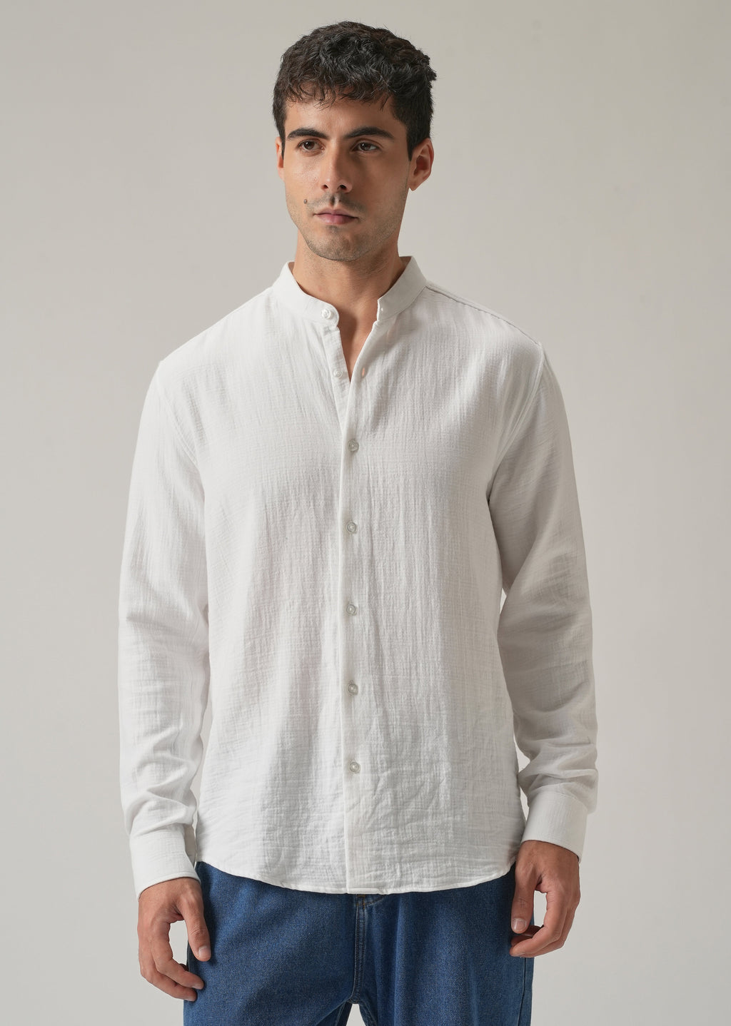 White Plain Mandarin Collar Cotton Shirt