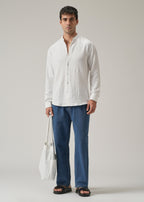 White Plain Mandarin Collar Cotton Shirt