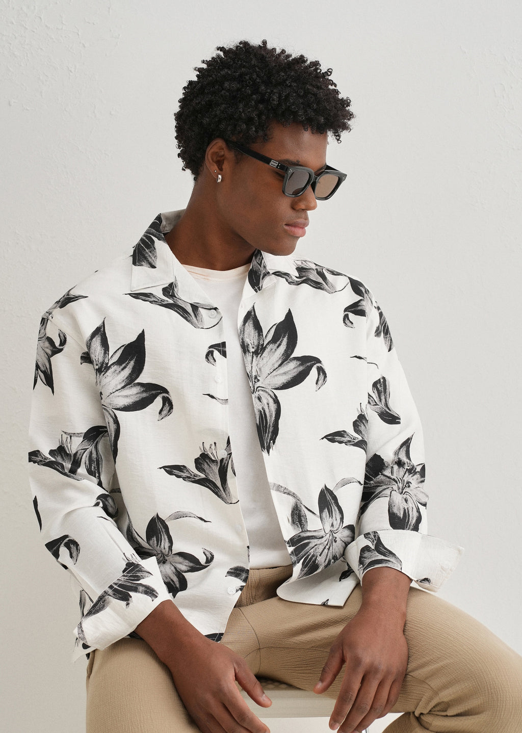 White Monochrome Lily Floral Printed Shirt