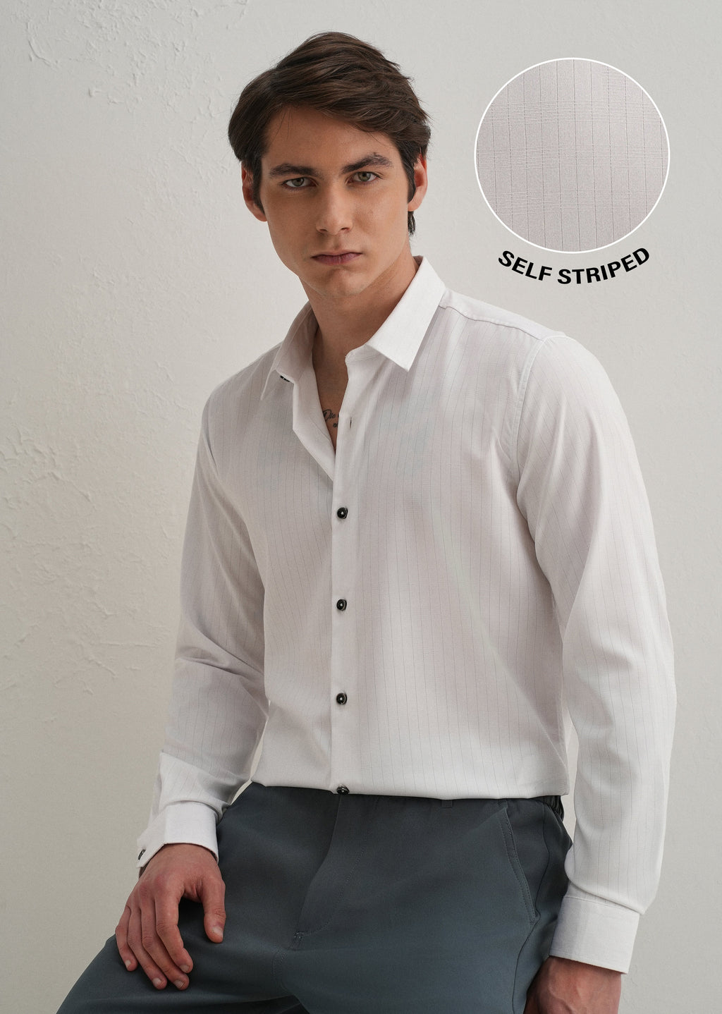 White Self Striped Plain Shirt