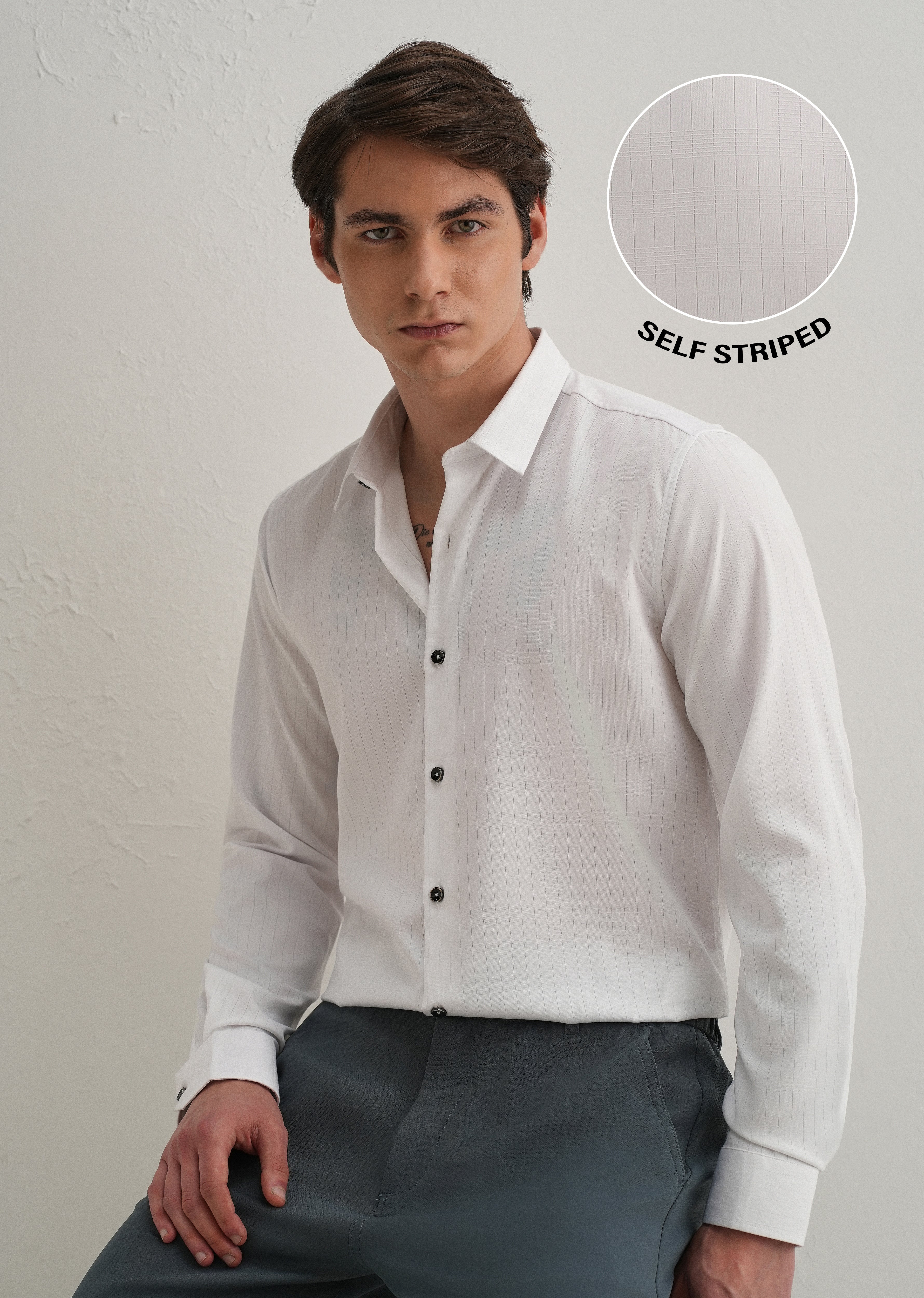 White Self Striped Plain Shirt