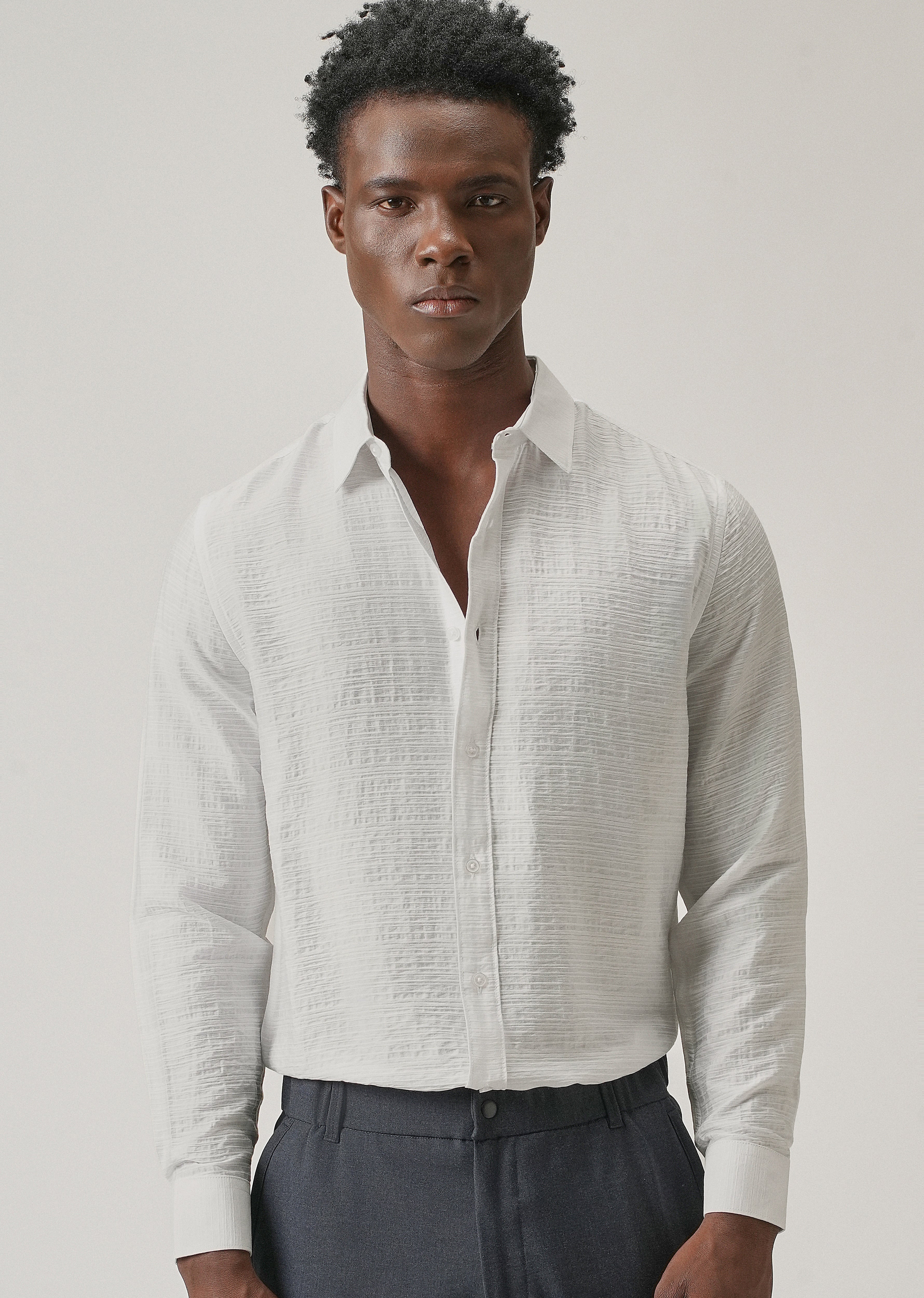 White Crushed Self Stripe Shirt