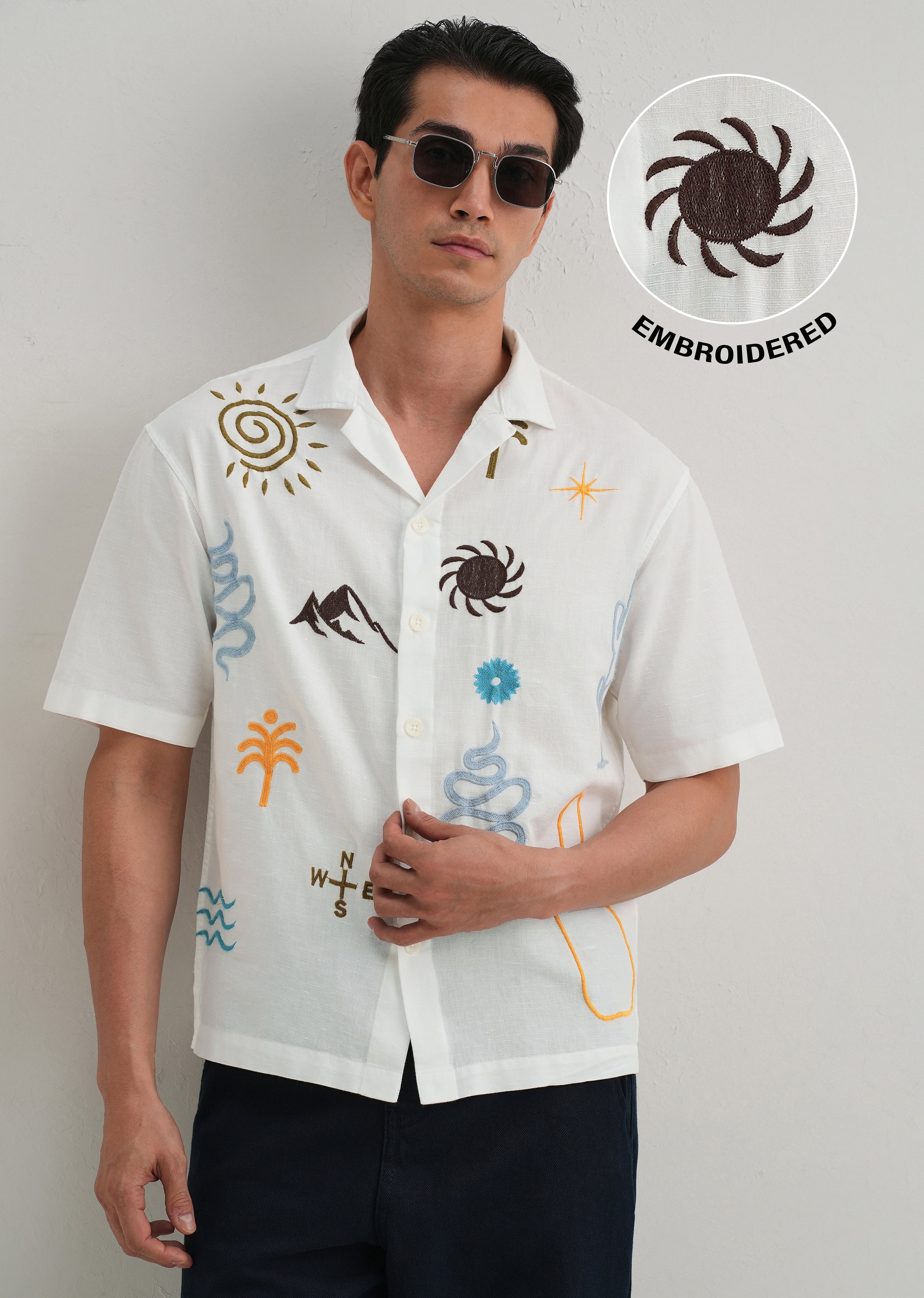 White Doodle Embroidery Cotton Linen Shirt