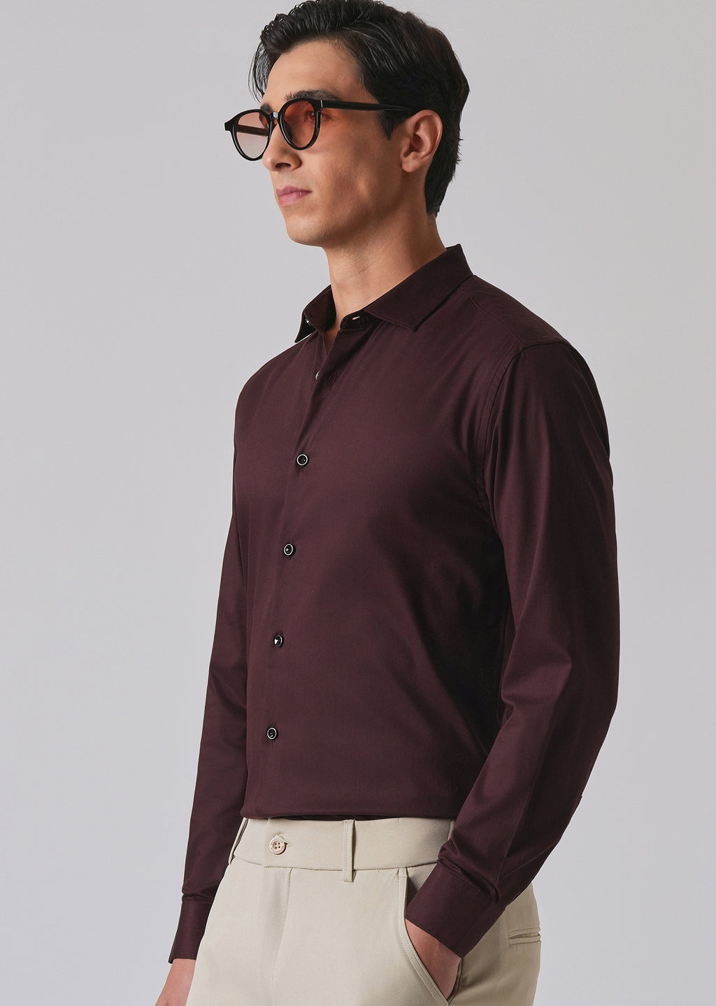 Wine Cotton Stretch Plain Shirt