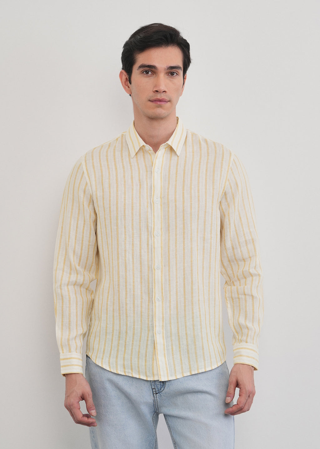 100% Linen Yellow Self-Stripe Shirt