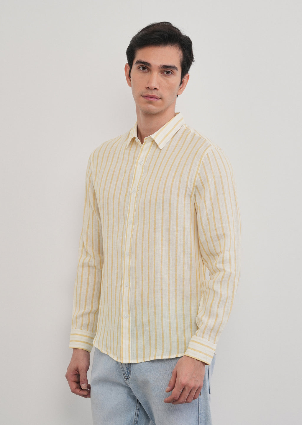 100% Linen Yellow Self-Stripe Shirt