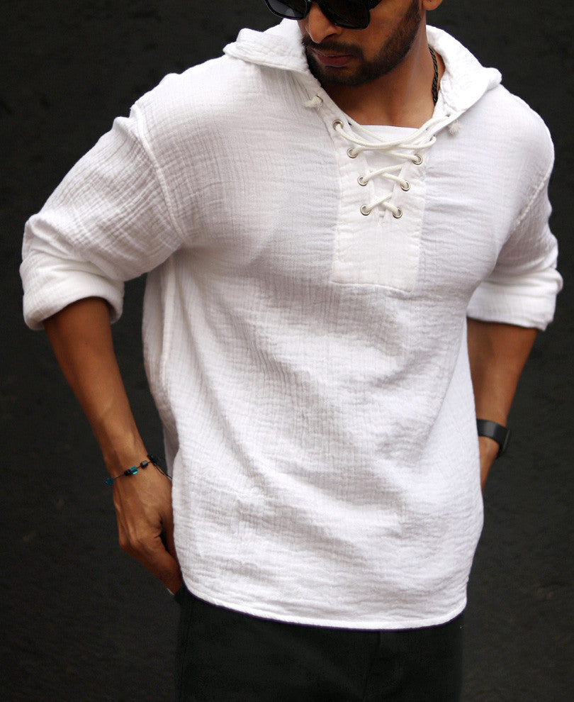 White Hoodie Oversize Drop Shoulder Shirt 100% Cotton