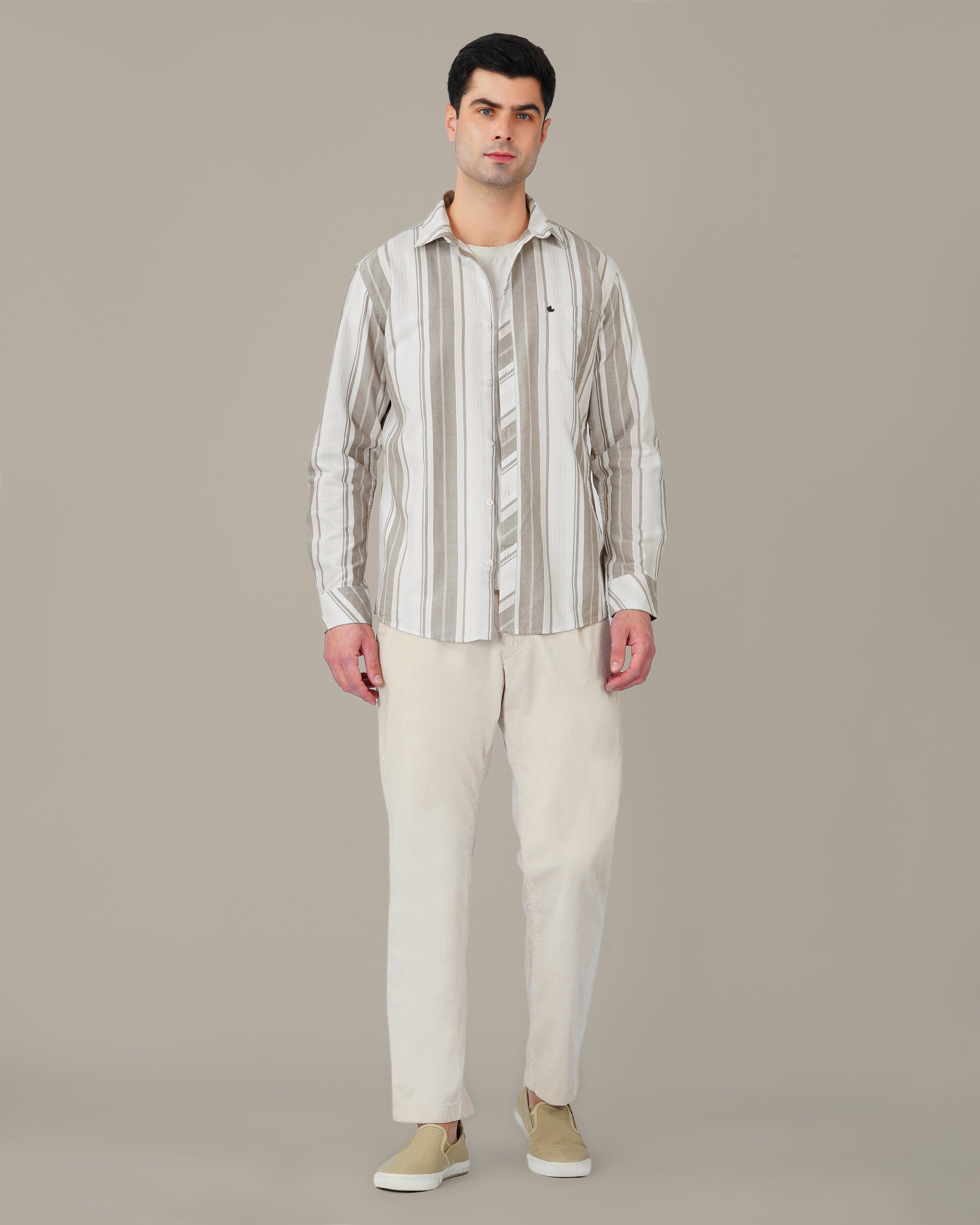 Beige and Gray Striped Oxford Shirt