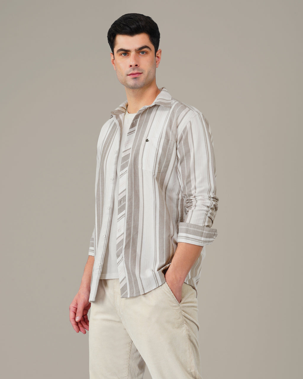 Beige and Gray Striped Oxford Shirt