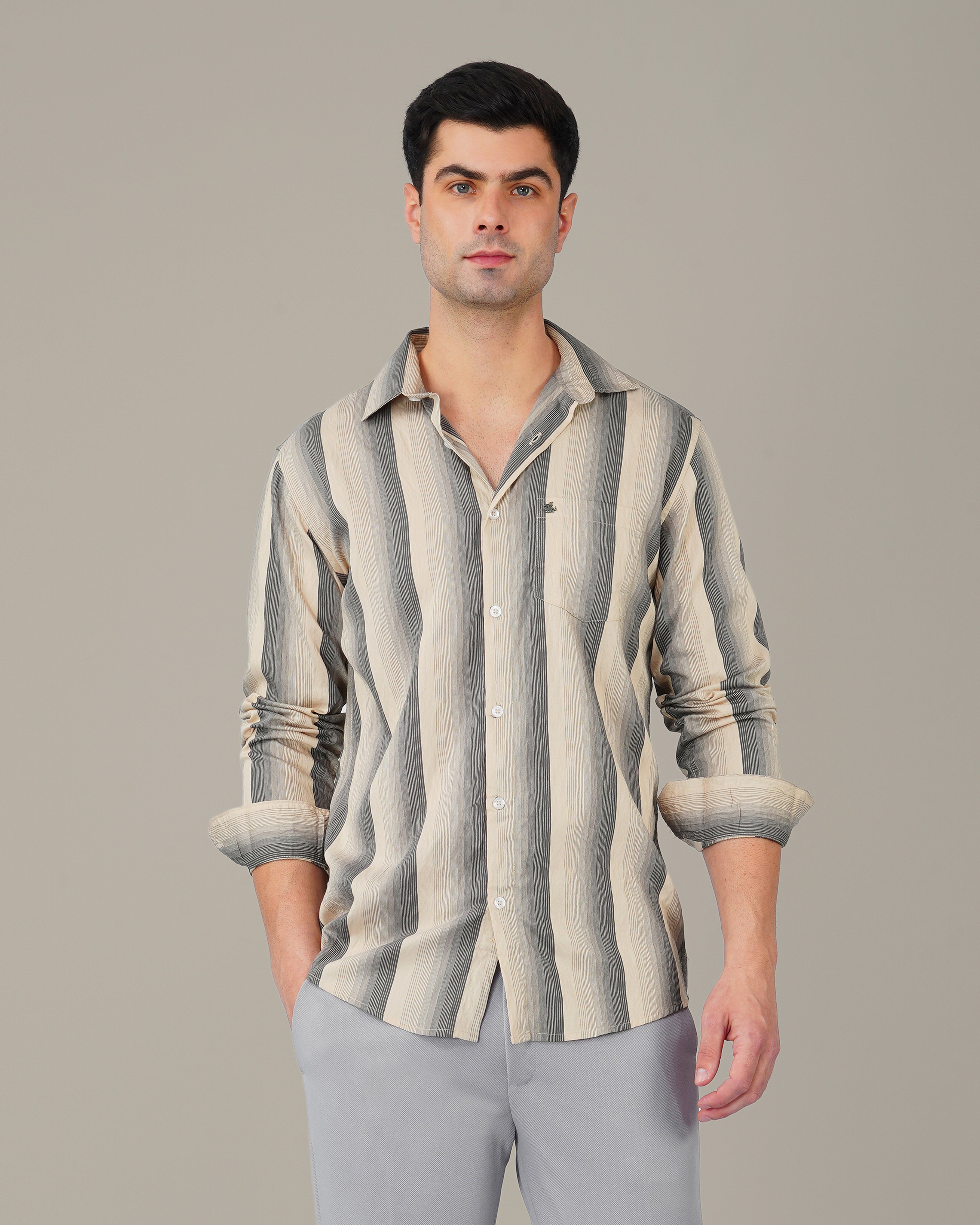 Beige and Navy Striped Viscose-Nylon Blend Button-Up Shirt