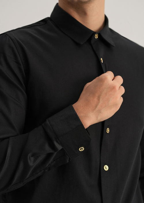 Black Glossy Gold Embellished Button Shirt